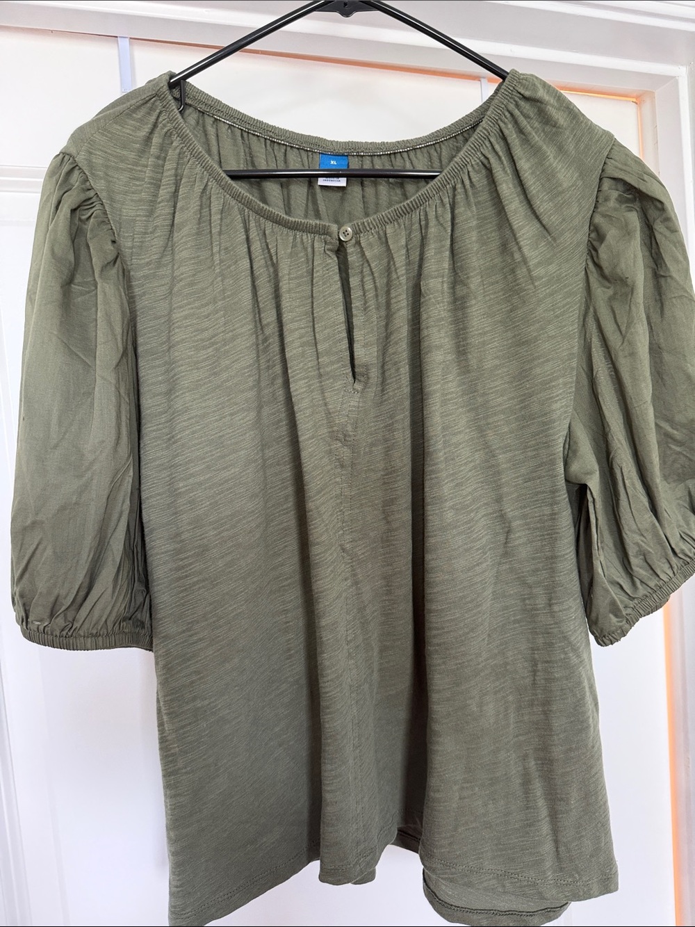 Old Navy Olive Peasant Blouse with Short Puff Sleeves